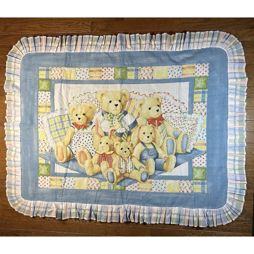 Teddy Bear Family‎ & Rabbits Baby Crib Quilt Finished Unisex Handmade 50x38"